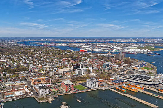 Bergen County New Jersey. Aerial view of Port Newark in Bayonne, New Jersey USA. The area is known for oil storage and international shipping